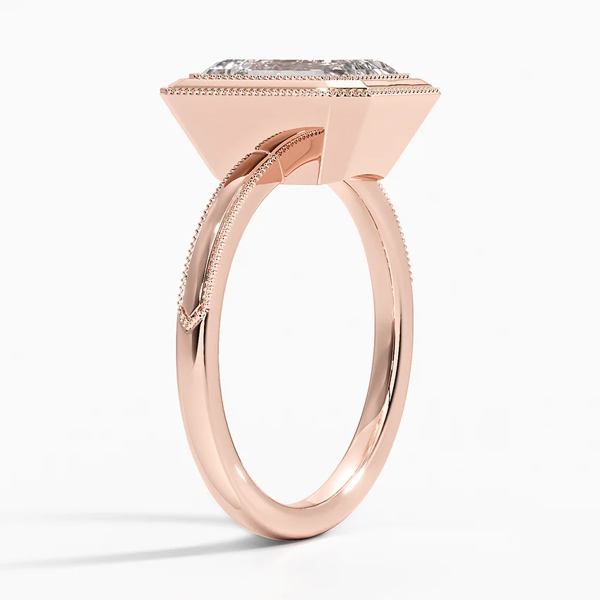 Emerald Cut Diamond Bezel Engagement Ring, Double Halo Milgrain Setting, Split Shank Solitaire Ring
