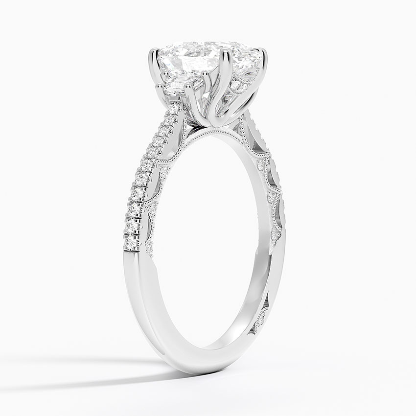 Oval Cut Diamond Engagement Ring,Three Stone Baguette Side Diamonds, Pavé Band Bridal Ring