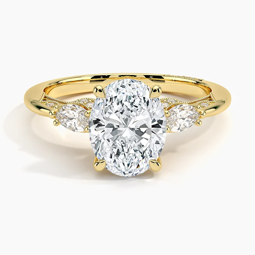 Oval Cut Diamond Engagement Ring, Three Stone Ring, Marquise Side Diamond Ring