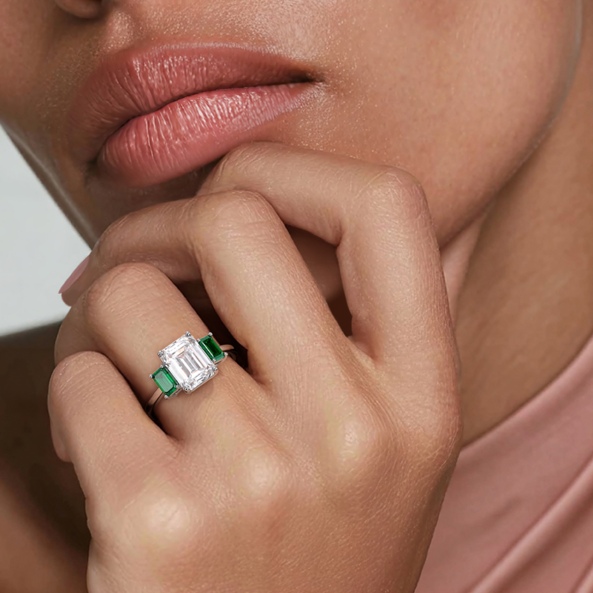 Emerald Cut Diamond Three Stone Ring with Green Emerald Side Stones,Solid Gold Engagement Ring