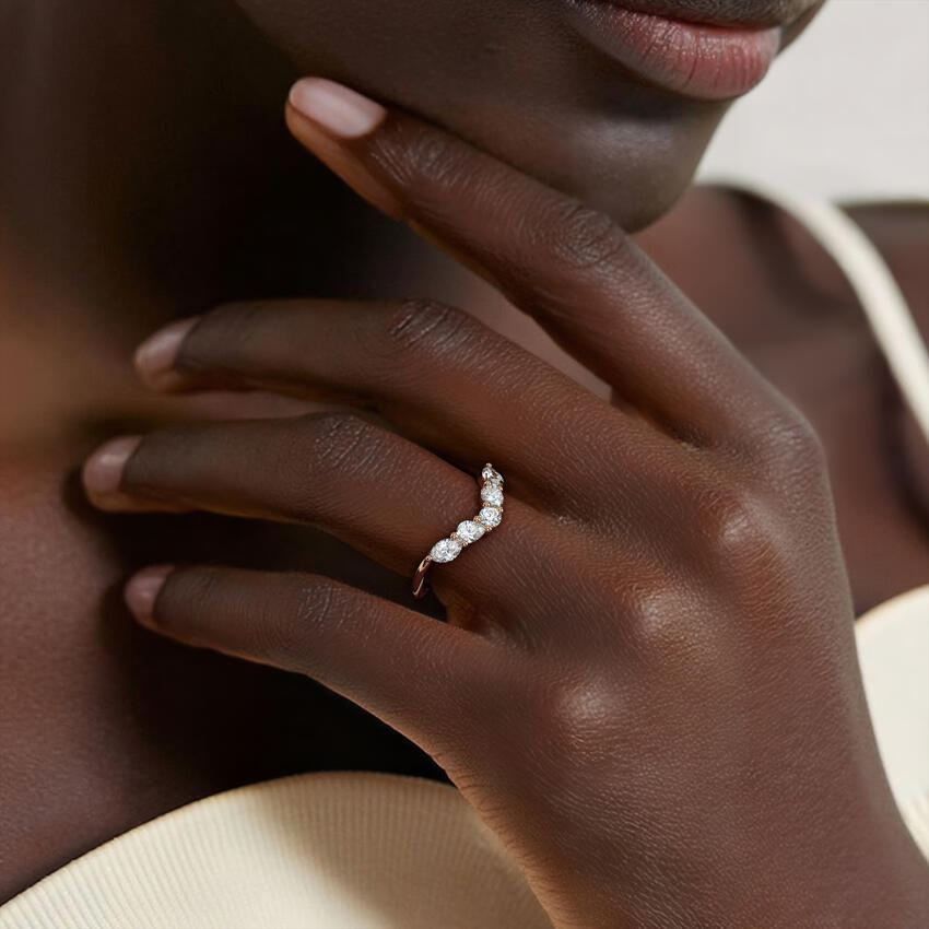 Five Stone Diamond Chevron Ring, Marquise & Round Cut Wedding Band, Curved V Shape Anniversary Ring