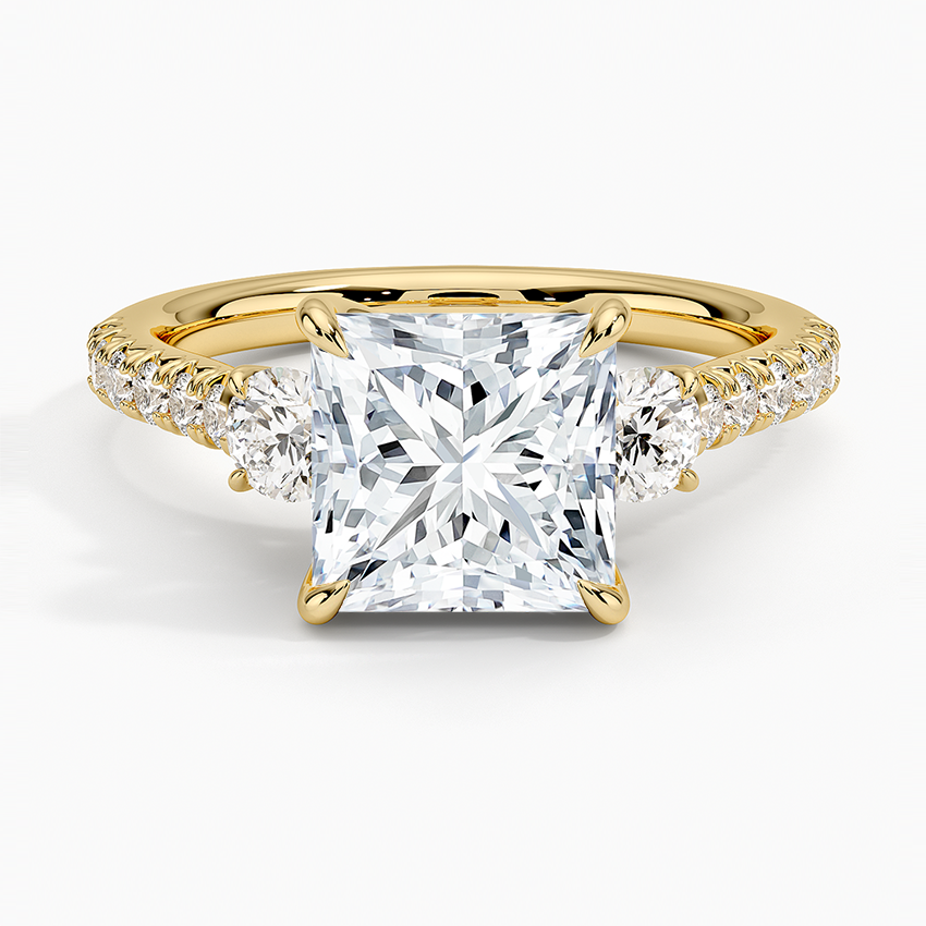 Princess Cut Diamond Engagement Ring, Three Stone Diamond Ring, Pave Band Engagement Ring