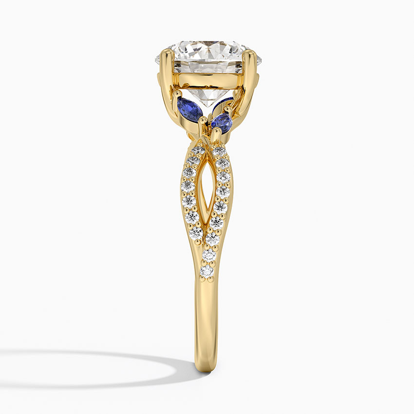 Blue Sapphire & Round Cut Moissanite Engagement Ring, Split Shank Diamond Ring, Vintage Floral Inspired Bridal Ring
