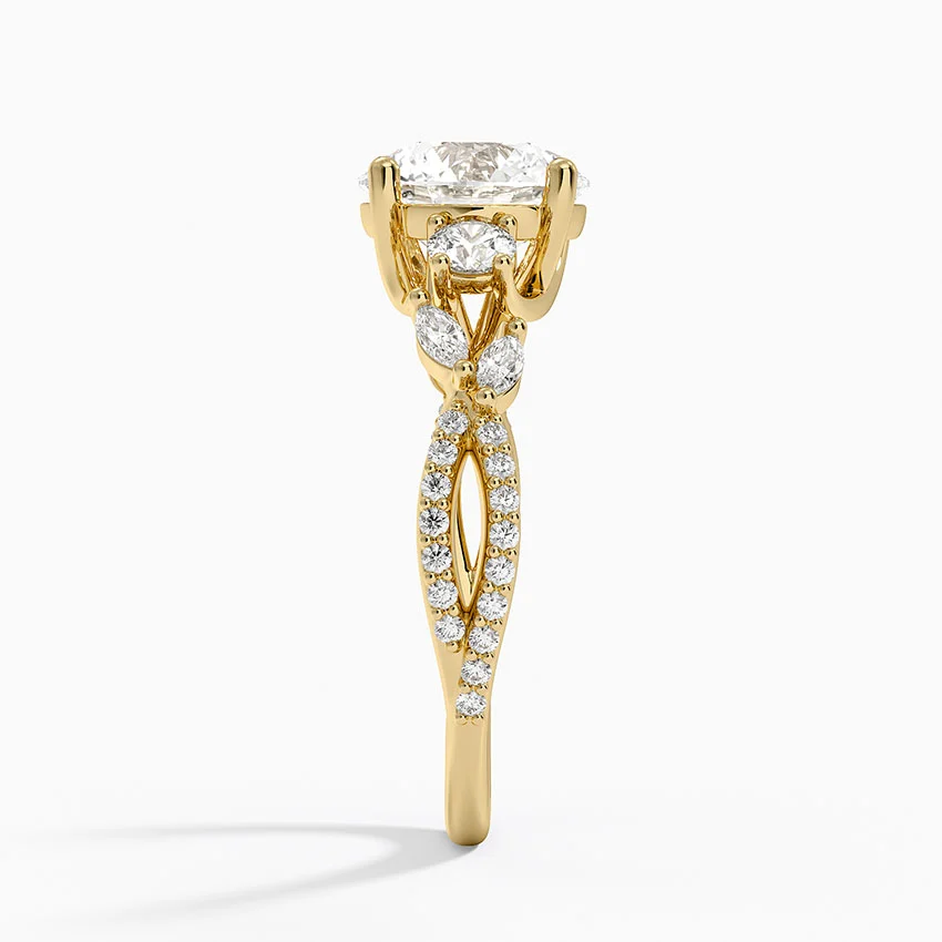 Round Cut Diamond Engagement Ring, Twisted Vine Band Ring, Floral Inspired Cluster Side Stones