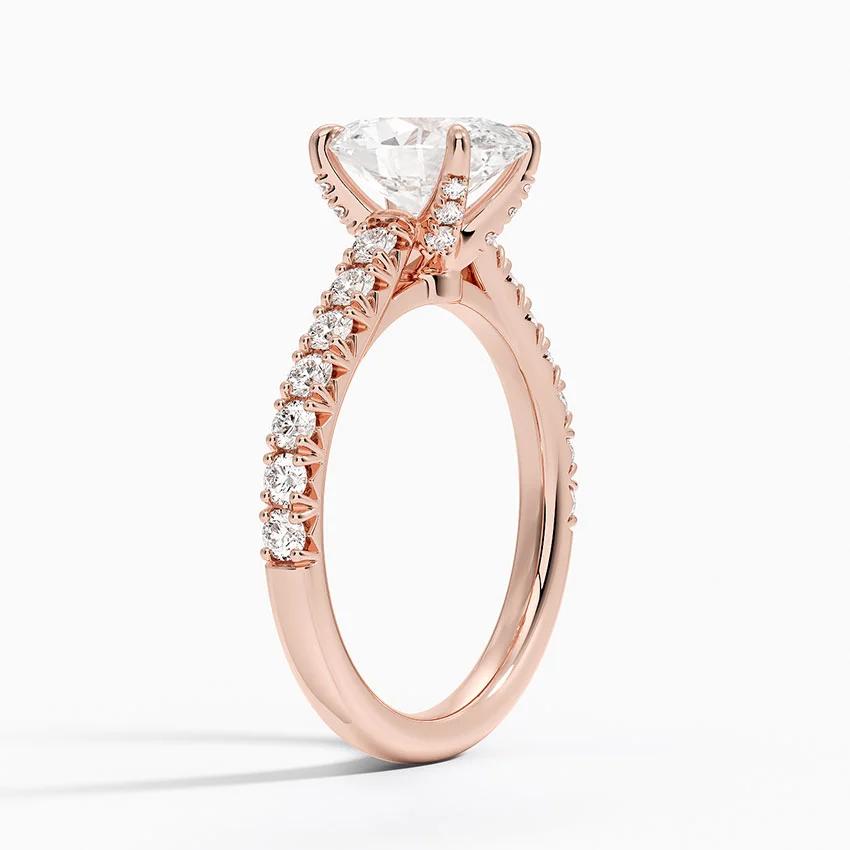 Oval Cut Diamond Engagement Ring, Hidden Halo Pavé Ring, Solid Gold Solitaire Ring