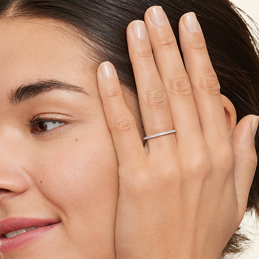 Minimalist Diamond Wedding Band Ring, Thin Half Eternity Ring, Dainty Stacking Ring