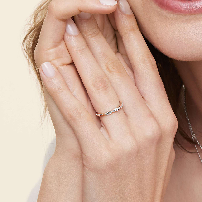 Twisted Diamond Wedding Band, Curved Infinity Ring, Minimalist Stackable Diamond Ring