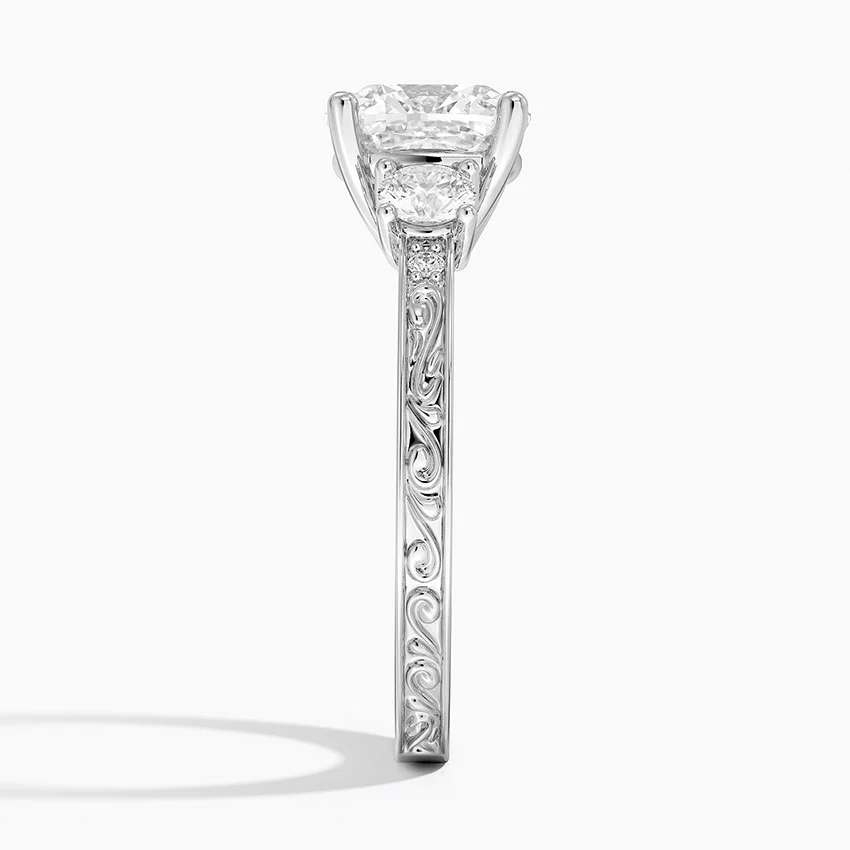 Vintage Three Stone Diamond Engagement Ring, Round Cut Center Diamond Ring, Floral Engraved Band
