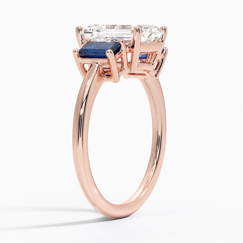 Emerald Cut Diamond Three Stone Ring with Blue Sapphire Side Stones, Vintage Style Engagement Ring, Anniversary Gift