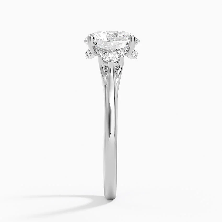 Round Cut Diamond Three Stone Engagement Ring, Solid Gold, Minimalist Side, Stone Ring