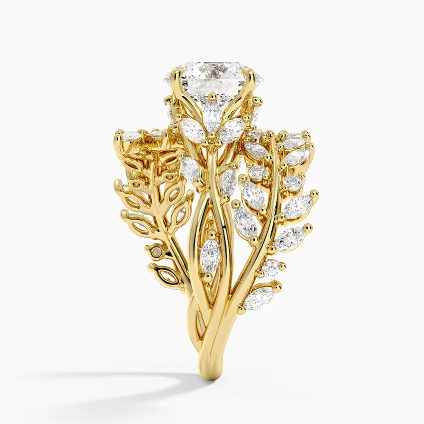 Nature-Inspired Leaf Moissanite Engagement Ring, Round Cut Center Stone with Marquise Diamond Vine Band