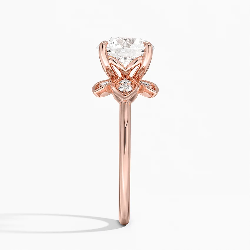 Floral Petal Diamond Engagement Ring, Round Cut Center, Nature Inspired Leaf Design