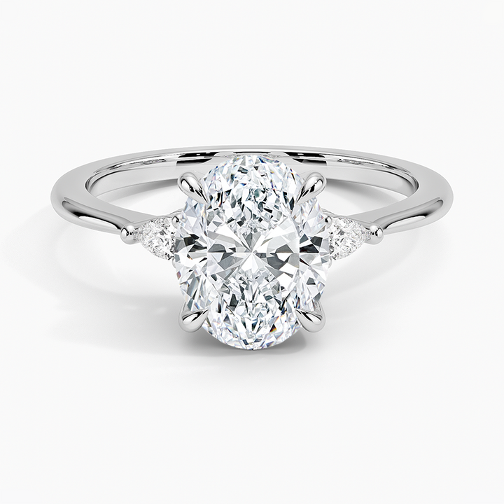 Oval Cut Diamond Engagement Ring, Minimal Three Stone Ring, Tapered Side Diamond Ring