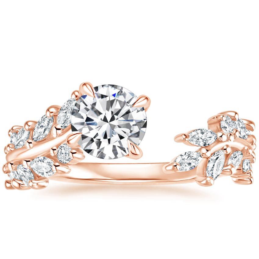 Round Cut Diamond Engagement Ring, Nature Inspired Leaf Vine Ring, Marquise & Round Side Stone Ring