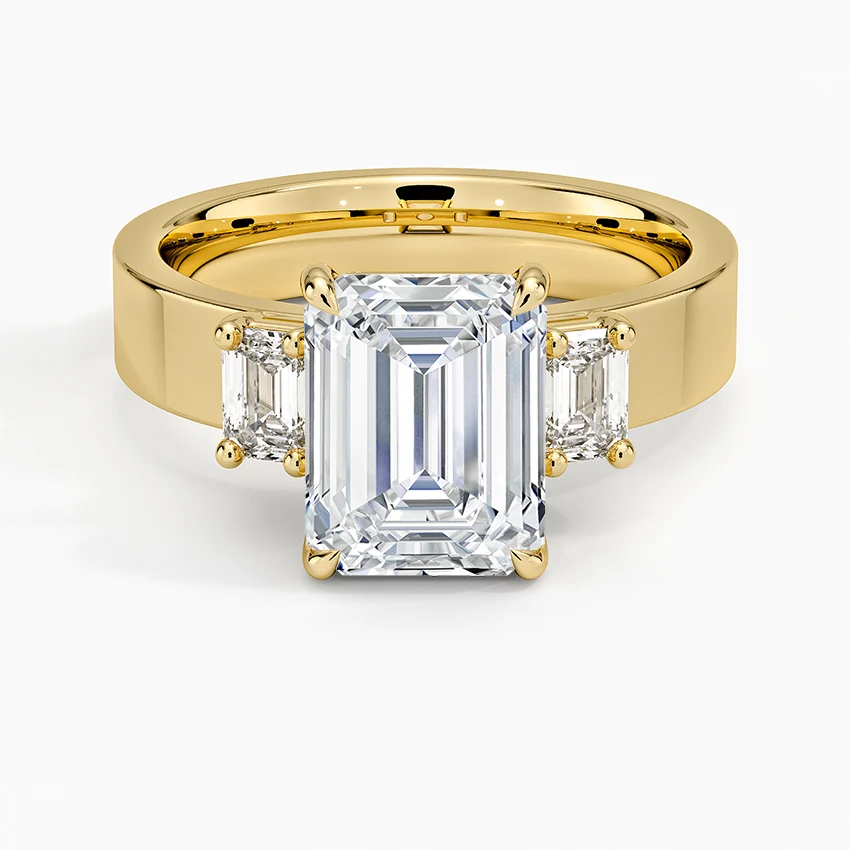Emerald Cut Diamond Engagement Ring, Three Stone Diamond Ring, Wide Band Solitaire Ring