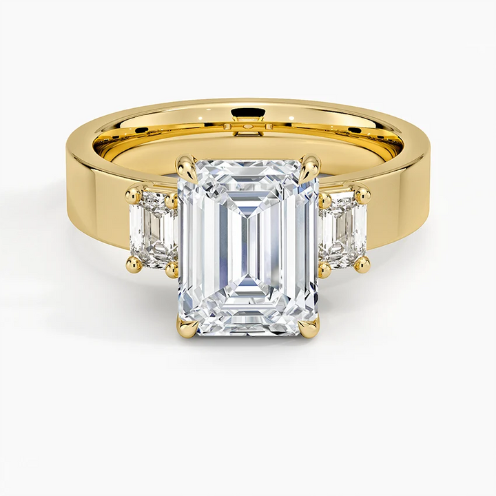Emerald Cut Diamond Engagement Ring, Three Stone Diamond Ring, Wide Band Solitaire Ring