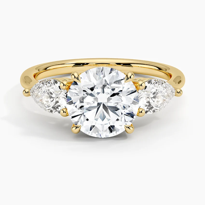 Round Cut Three Stone Diamond Engagement Ring, Marquise Side Stones Ring, Minimalist Bridal Ring