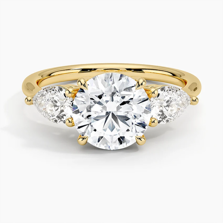 Round Cut Three Stone Diamond Engagement Ring, Marquise Side Stones Ring, Minimalist Bridal Ring