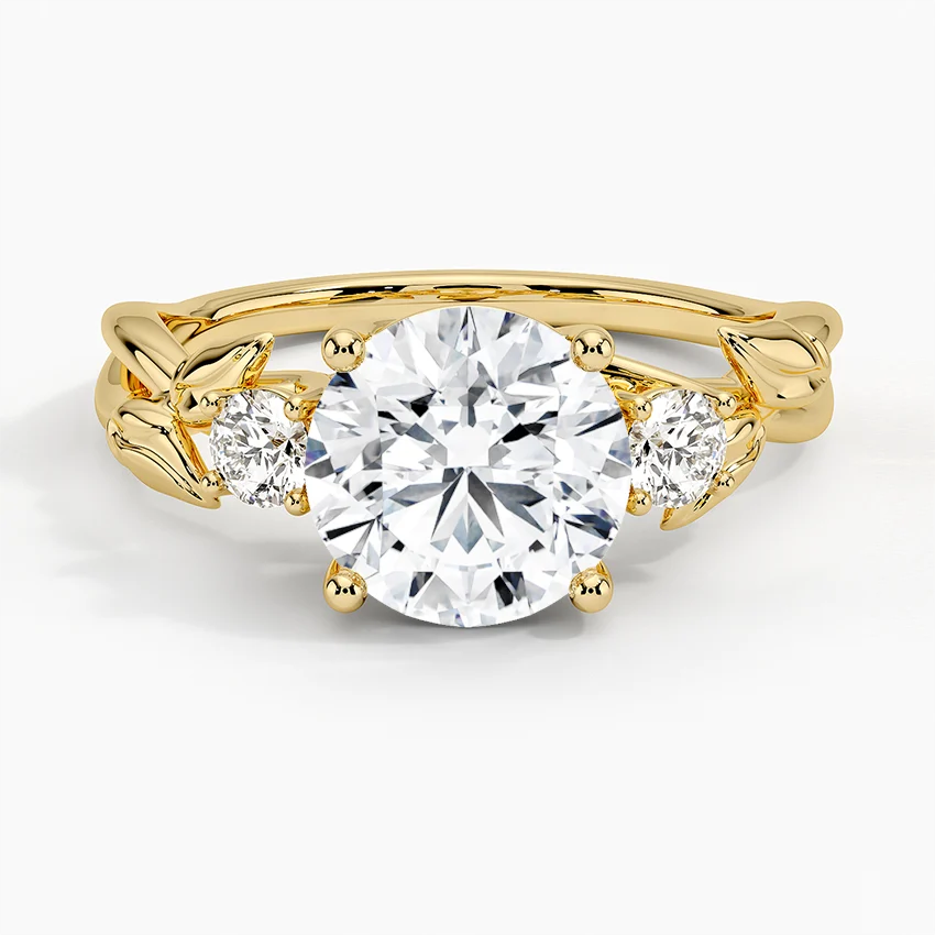 Vintage Leaf Diamond Engagement Ring, Round Cut Center Stone, Nature Inspired Bridal Ring