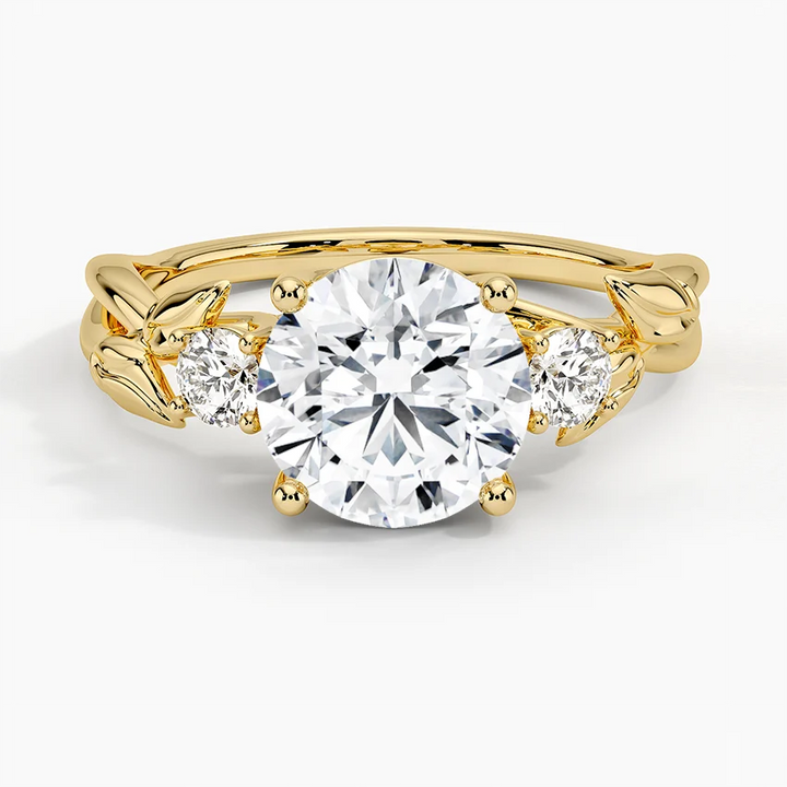 Vintage Leaf Diamond Engagement Ring, Round Cut Center Stone, Nature Inspired Bridal Ring