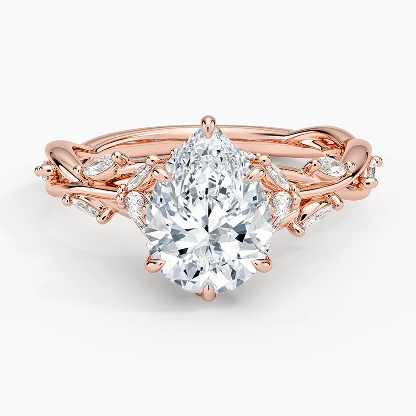 Pear Cut Moissanite Engagement Ring, Nature Inspired Vine Ring, Twisted Leaf Diamond Ring, Vintage Floral Bridal Ring, Solid Gold Promise Ring