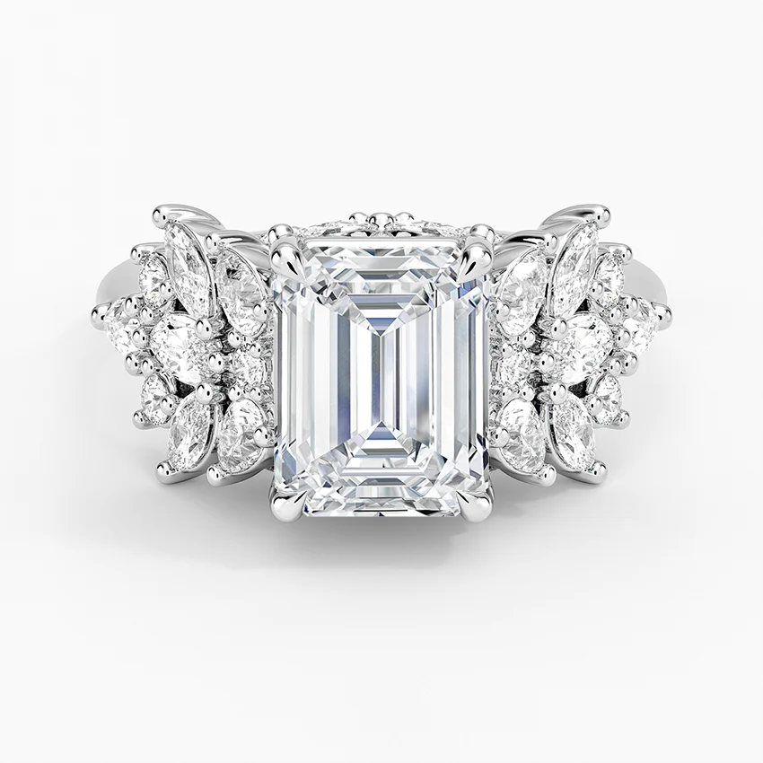 Emerald Cut Moissanite Engagement Ring, Floral Cluster Diamond Ring, Vintage Inspired Statement Ring