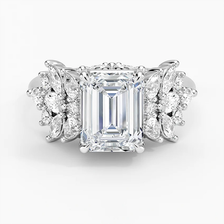 Emerald Cut Moissanite Engagement Ring, Floral Cluster Diamond Ring, Vintage Inspired Statement Ring