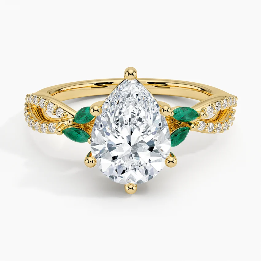 Pear Cut Moissanite Engagement Ring with Emerald Accents, Nature Inspired Leaf Ring, Split Shank Diamond Ring