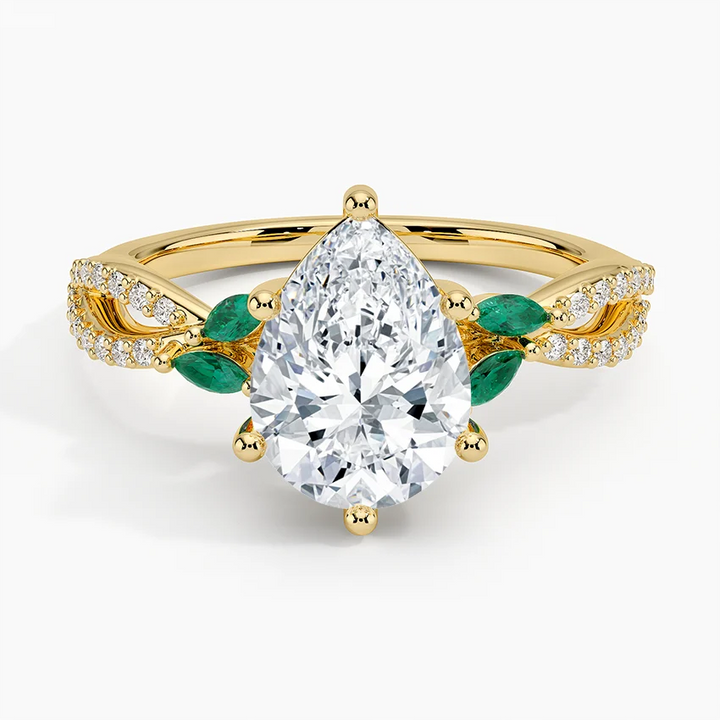Pear Cut Moissanite Engagement Ring with Emerald Accents, Nature Inspired Leaf Ring, Split Shank Diamond Ring
