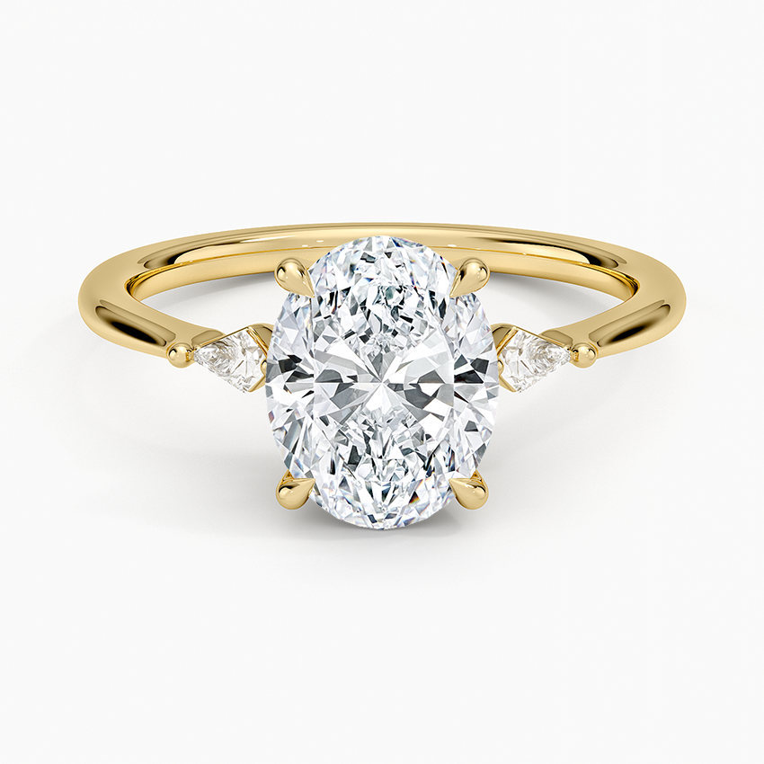Oval Cut Diamond Engagement Ring with Trillion Side Stones, 3 Stone Diamond Ring, Minimalist Bridal Ring