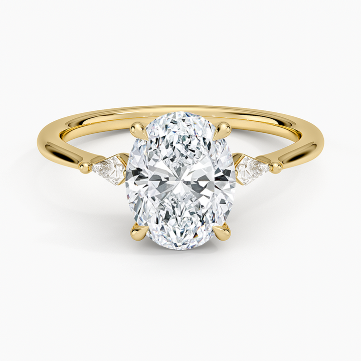 Oval Cut Diamond Engagement Ring with Trillion Side Stones, 3 Stone Diamond Ring, Minimalist Bridal Ring