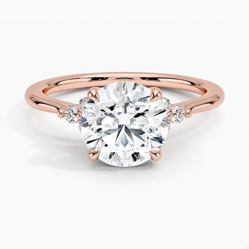 Classic Round Solitaire Diamond Ring with Side Accent Stones, Minimalist Engagement Ring