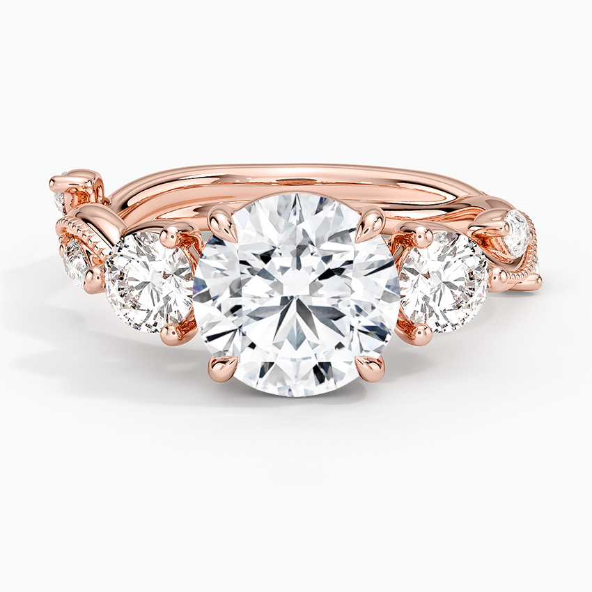 Round Cut Moissanite Engagement Ring with Emerald Leaf Band, Nature Inspired Vine Ring, Unique Bridal Ring