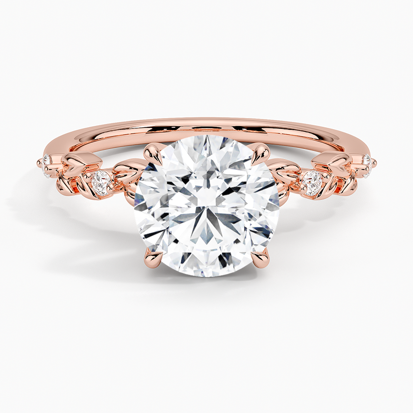 Round Cut Diamond Engagement Ring, Nature Inspired Leaf Band Ring, Floral Vine Gold Ring