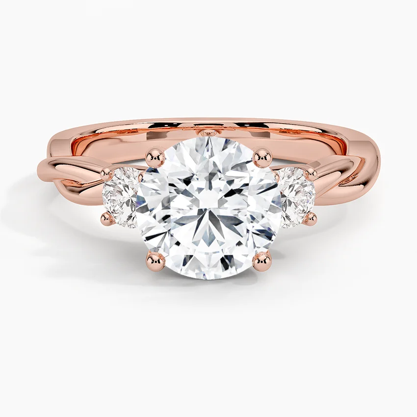 Twisted Three Stone Diamond Engagement Ring, Round Cut Center Diamond Ring, Minimalist Bridal Ring