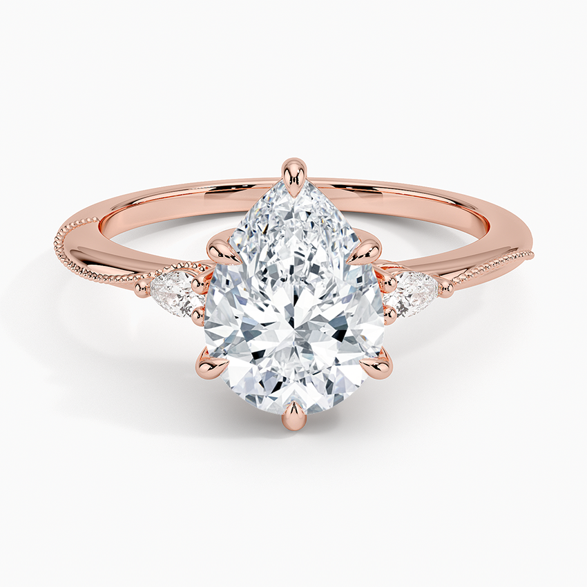 Pear Cut Diamond Engagement Ring with Side Stones, Minimalist Solitaire Ring, Milgrain Band