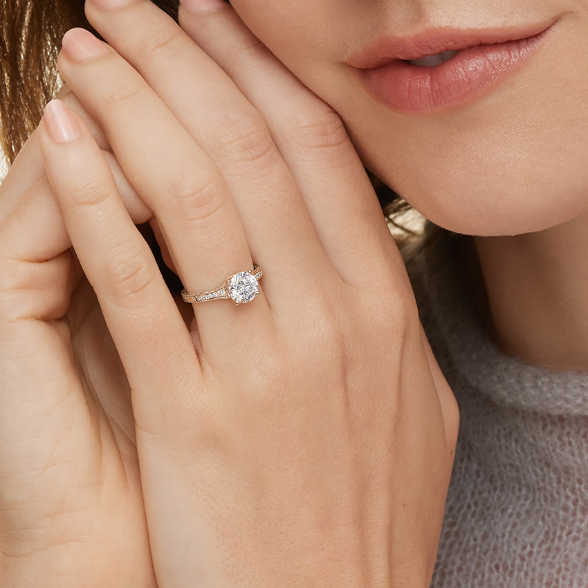 Oval Cut Moissanite Engagement Ring, Vintage Milgrain Pave Diamond Ring, Antique Style Bridal Ring