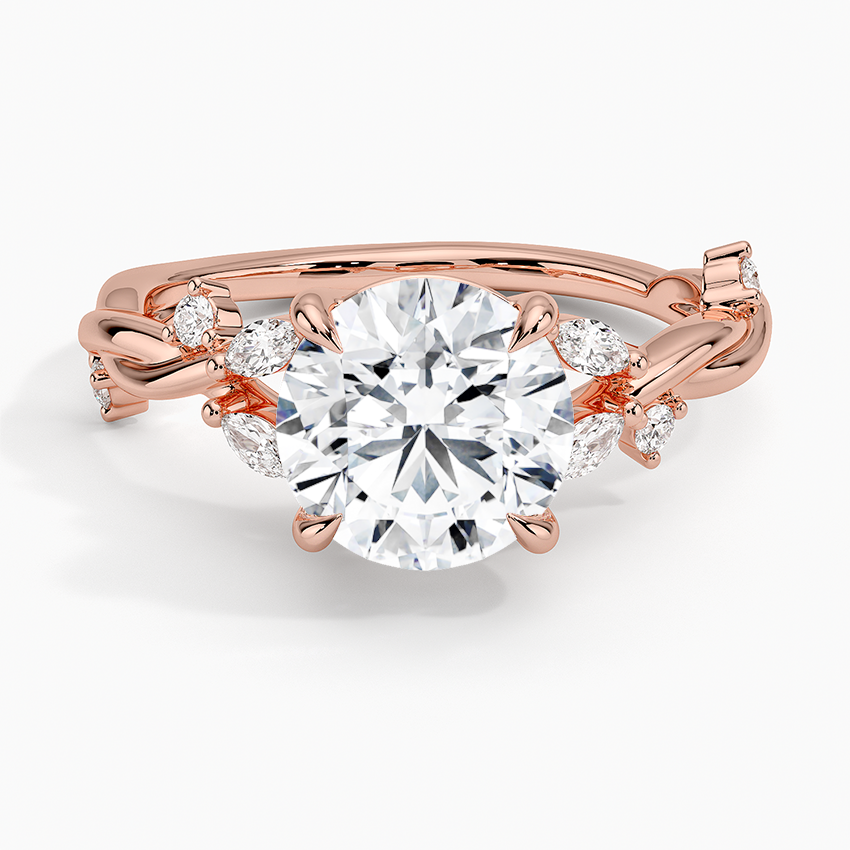 Twisted Vine Moissanite Engagement Ring, Round Cut Solitaire with Leaf Side Stones, Nature Inspired Gold Ring