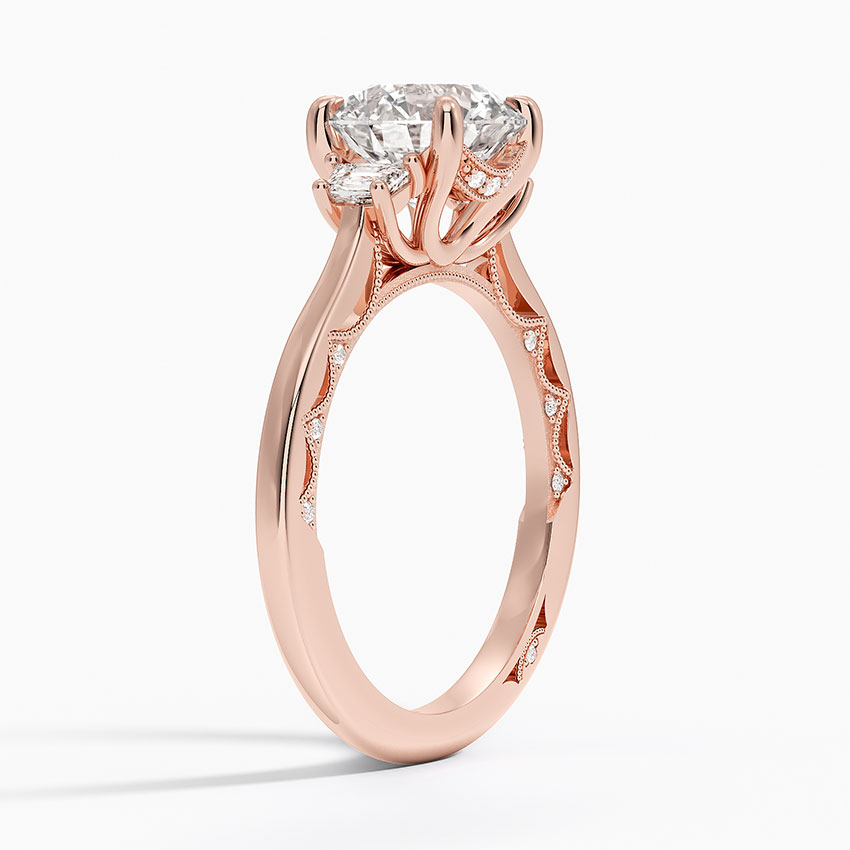 Round Cut Three-Stone Diamond Engagement Ring, Cushion Side Stones