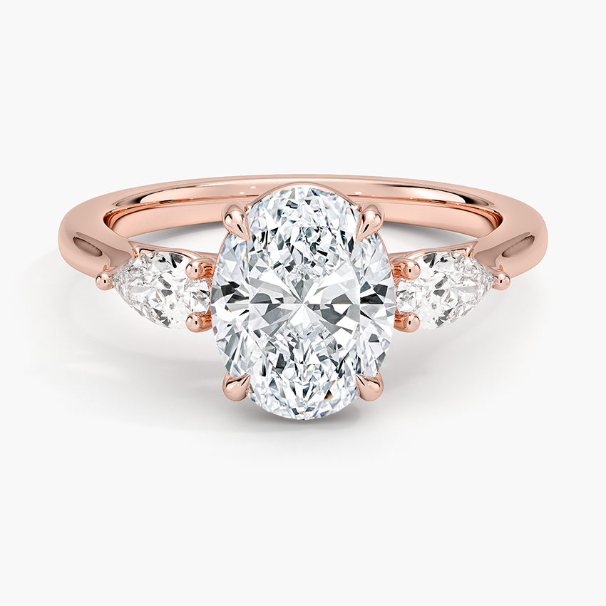 Oval Cut Diamond Engagement Ring with Pear Side Stones, Three Stone Diamond Ring, Solid Gold Ring
