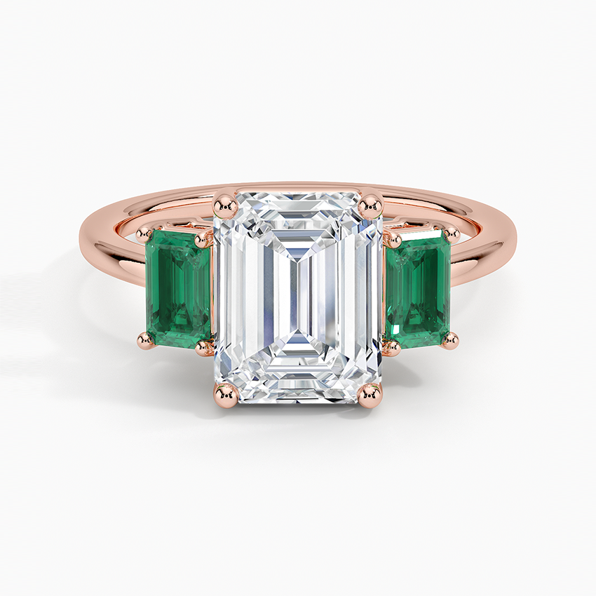 Emerald Cut Diamond Three Stone Ring with Green Emerald Side Stones,Solid Gold Engagement Ring