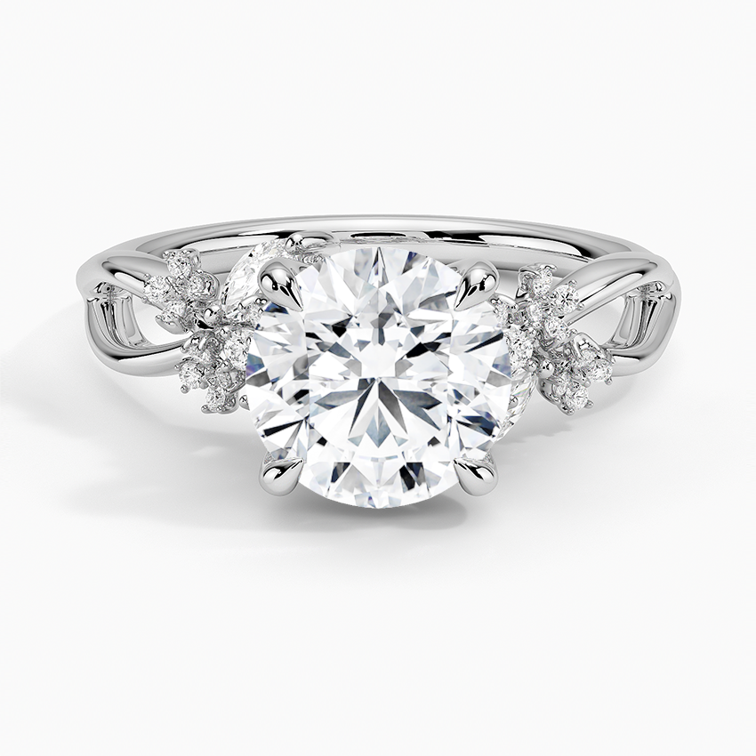 Round Cut Diamond Engagement Ring, Floral Cluster Side Stones Ring, Nature Inspired Bridal Ring
