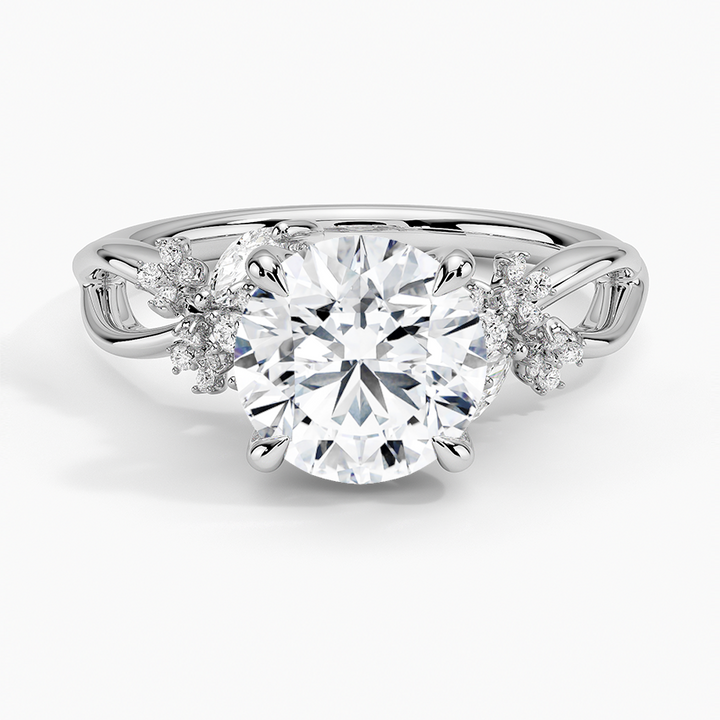 Round Cut Diamond Engagement Ring, Floral Cluster Side Stones Ring, Nature Inspired Bridal Ring