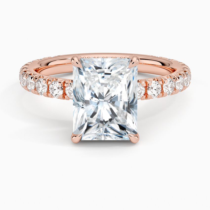 Radiant Cut Diamond Engagement Ring, Hidden Halo Pavé Band Ring, Bridal Proposal Ring