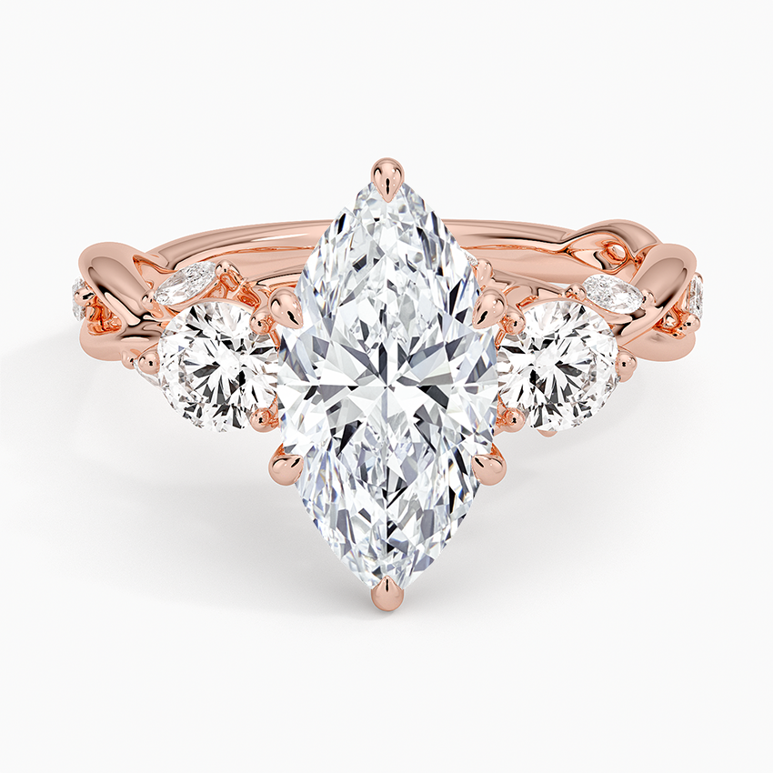Marquise Cut Diamond Engagement Ring, 3 Stone Vine Style Ring, Unique Bridal Ring