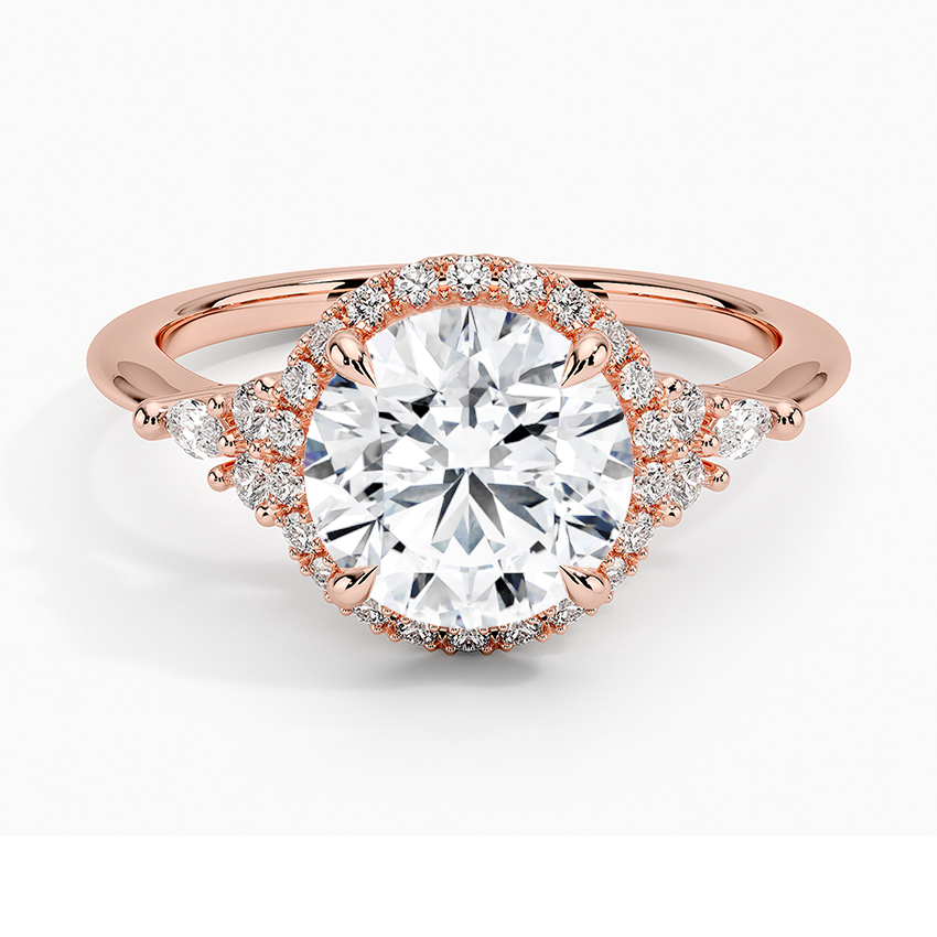 Round Cut Halo Engagement Ring, Diamond Cluster Side Stone Ring, Vintage Inspired Bridal Ring