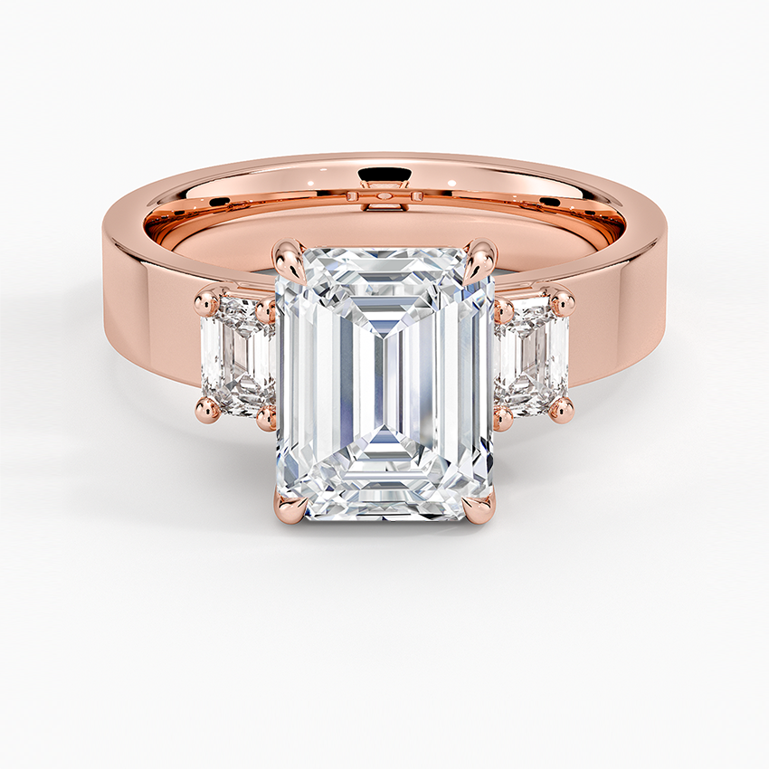 Emerald Cut Diamond Engagement Ring, Three Stone Diamond Ring, Wide Band Solitaire Ring
