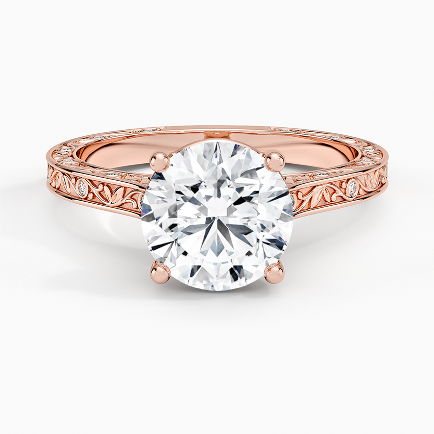 Vintage Floral Engraved Solitaire Moissanite Ring, Round Cut Diamond Ring, Unique Bridal Ring Gift for Her