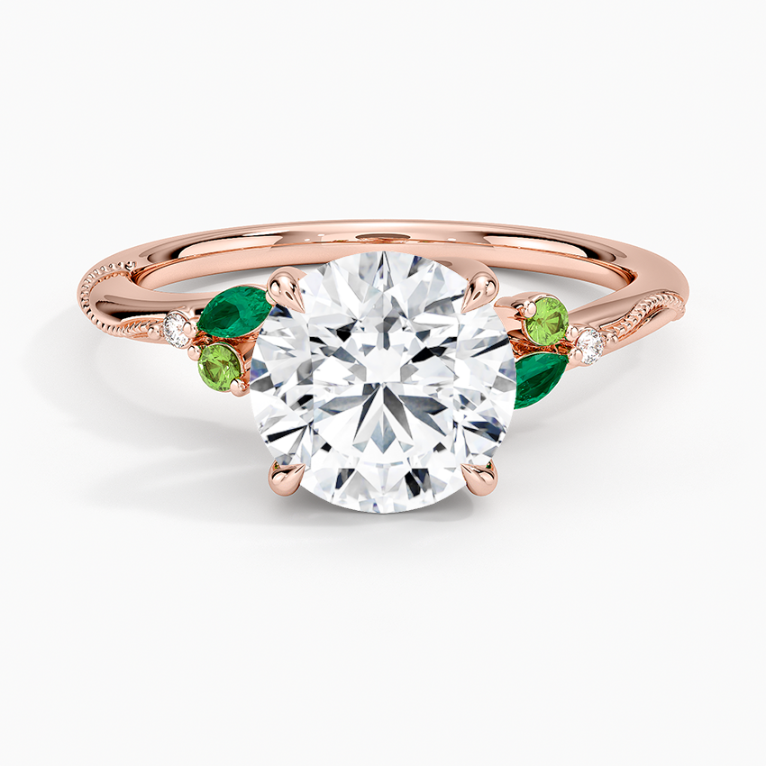 Round Cut Moissanite Engagement Ring with Green Accent Stones, Nature Inspired Leaf Design Ring, Promise Ring for Women