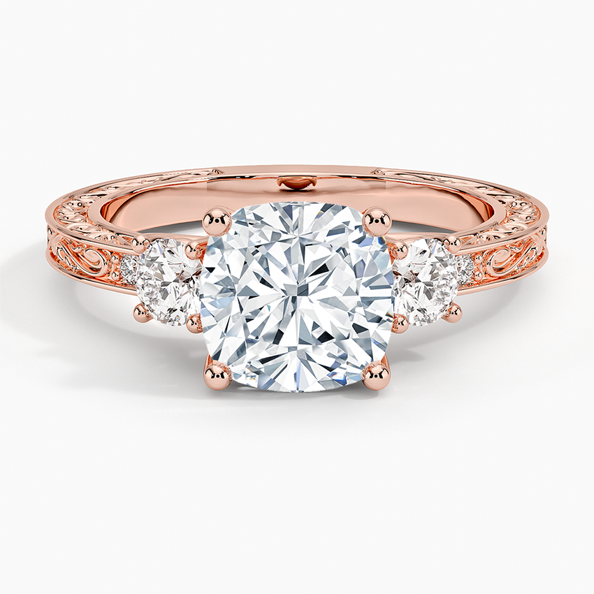 Vintage Three Stone Diamond Engagement Ring, Round Cut Center Diamond Ring, Floral Engraved Band